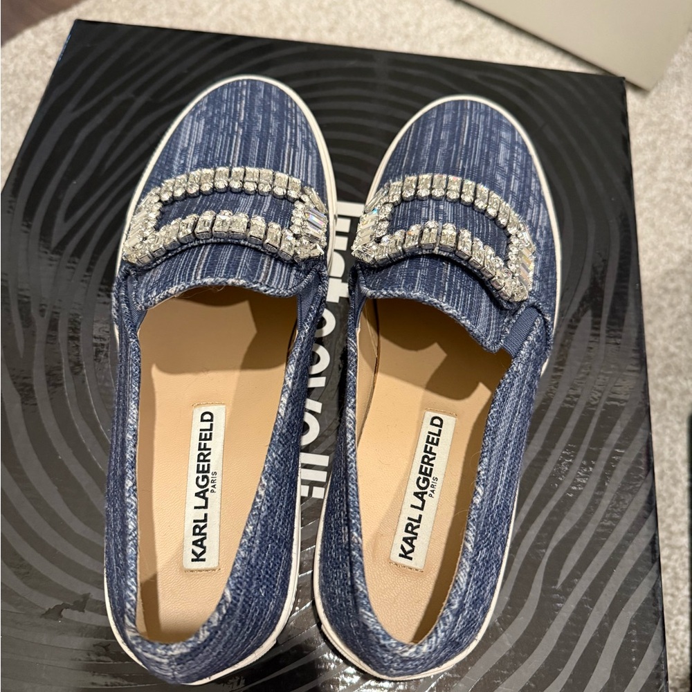 Karl Lagerfeld Denim Blue Rhinestone Slip-Ons